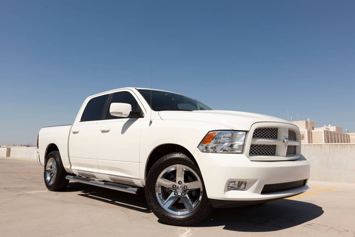 A parked Dodge Ram, the Ram from Dodge is a popular Amercian made truck that competes with the Chevrolet Silverado and Ford F150
