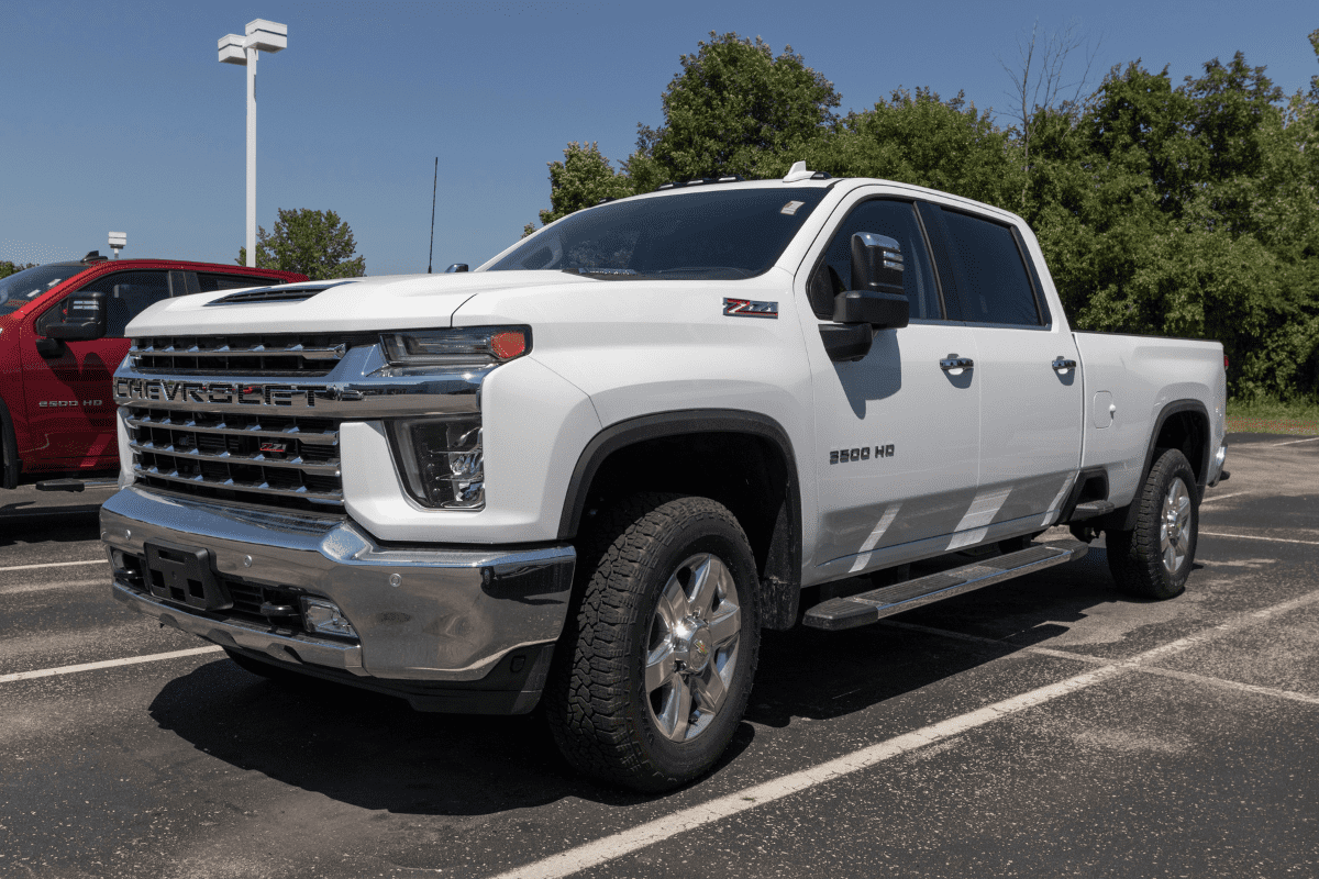 Chevrolet Silverado 2500HD display at a dealership. The Chevy Silverado 2500HD is available with gas or diesel engines.