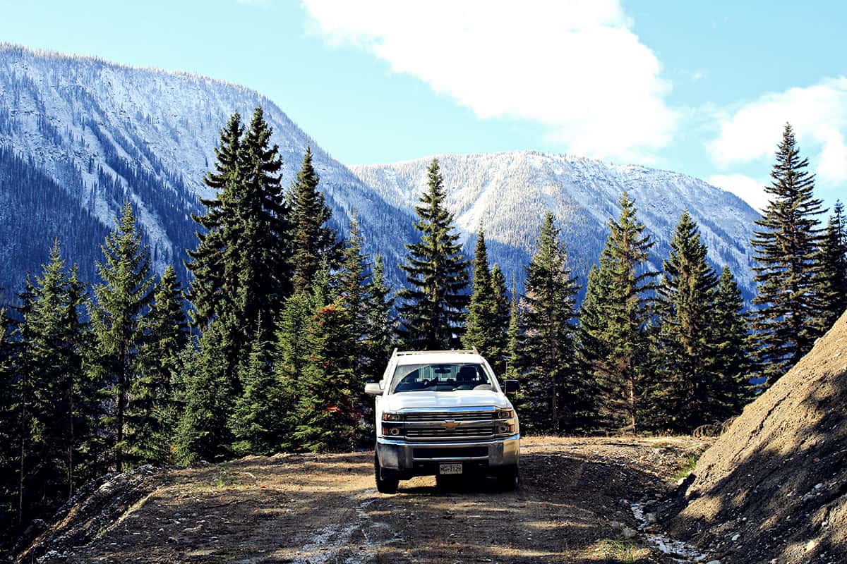 Chevy Silverado parked against the mountainous backdrop of the Robson Valley