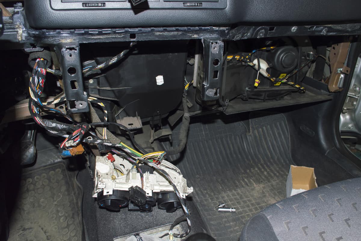 Fragment of the car interior with the center console removed