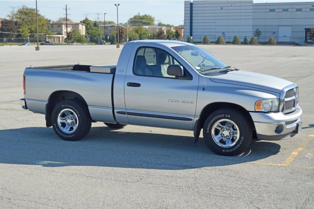 A metalic silver Ram 1500 pickup in a parking lot. This is the series 3 which was produced at plants in Mexico and the United States until 2009."