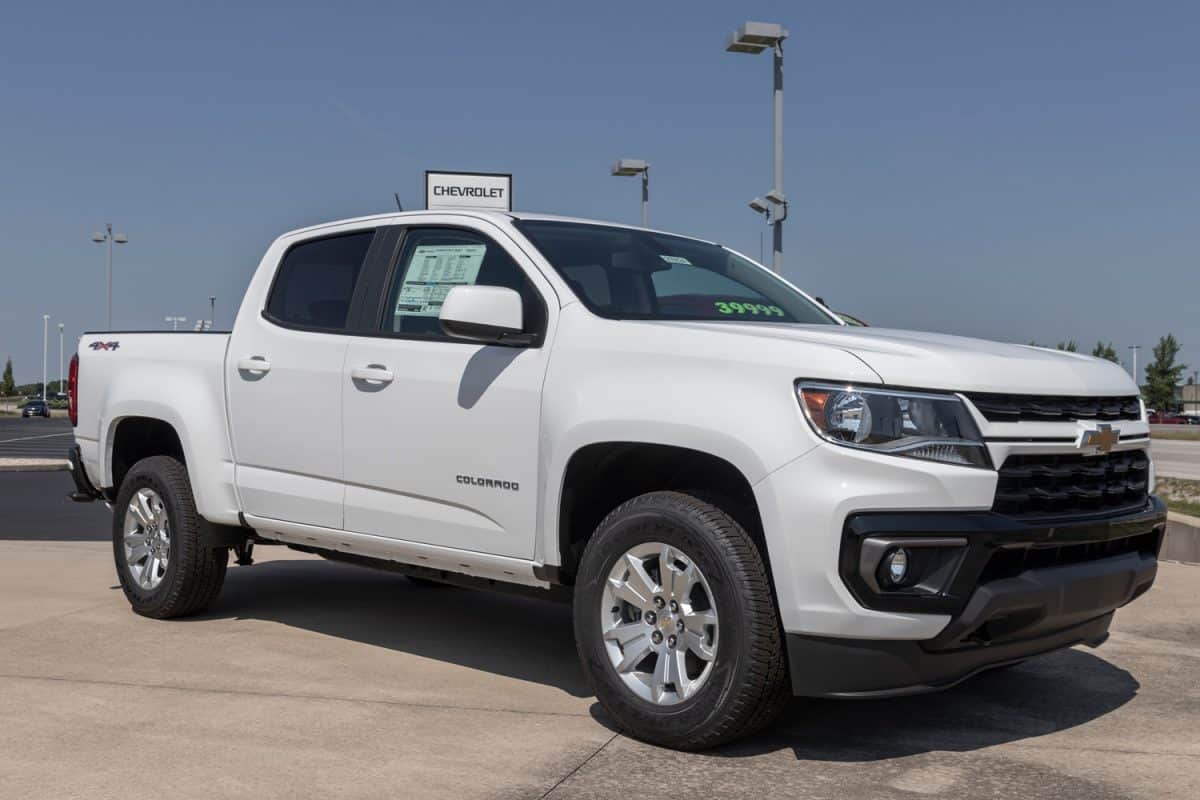  Chevrolet Colorado pickup display. Chevy is a division of GM and offers the Colorado in the base LS, ZR2, Z71 and LT models.