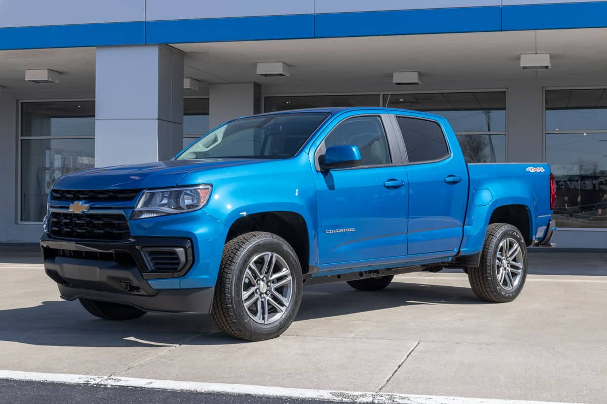 Chevrolet Colorado pickup display. Chevy offers the Colorado in the base LS, ZR2, Z71 and LT models.
