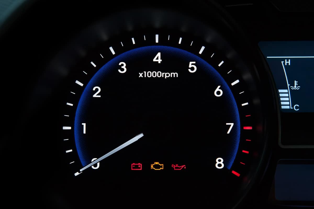 Low motor oil - Check engine, low engine oil and low battery lights on a modern vehicle dashboard.