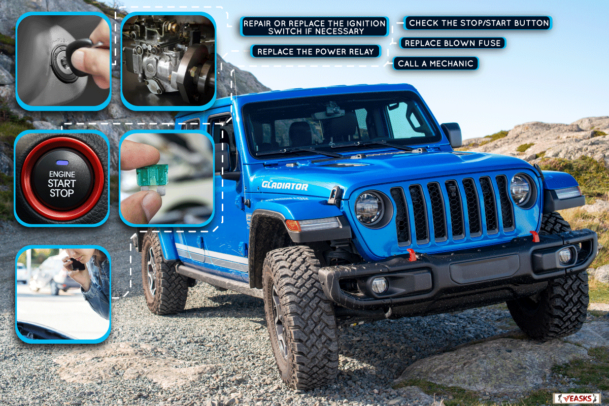 A vibrant blue Jeep Gladiator Rubicon truck 4x4 off road and parked on the side of a hill with the blue ocean, Jeep Gladiator Won't Turn Off - Why And What To Do?