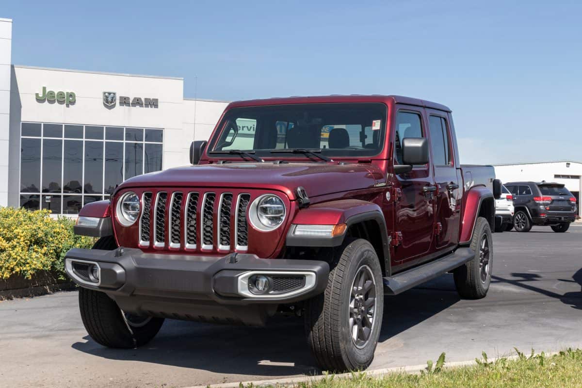 Jeep Gladiator display at a Jeep Ram dealer. The Stellantis subsidiaries of FCA are Chrysler, Dodge, Jeep, and Ram.