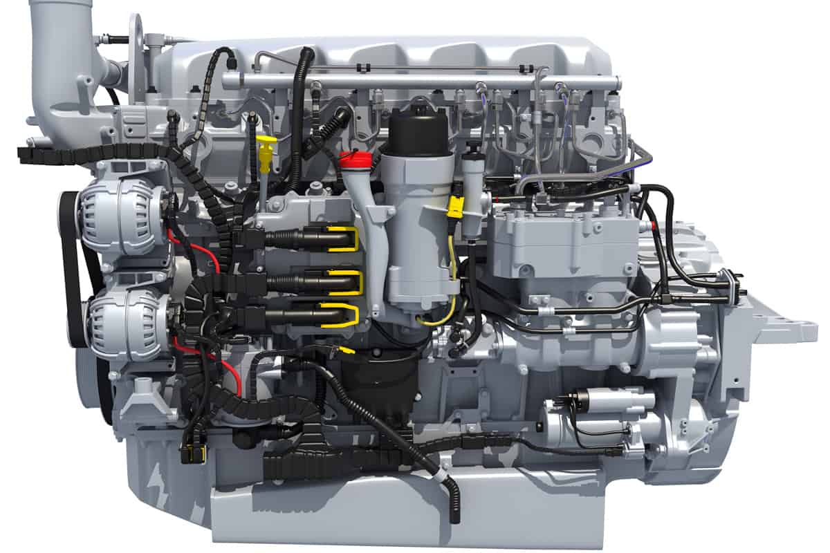 Powertrain diesel engine 3D rendering on white background.