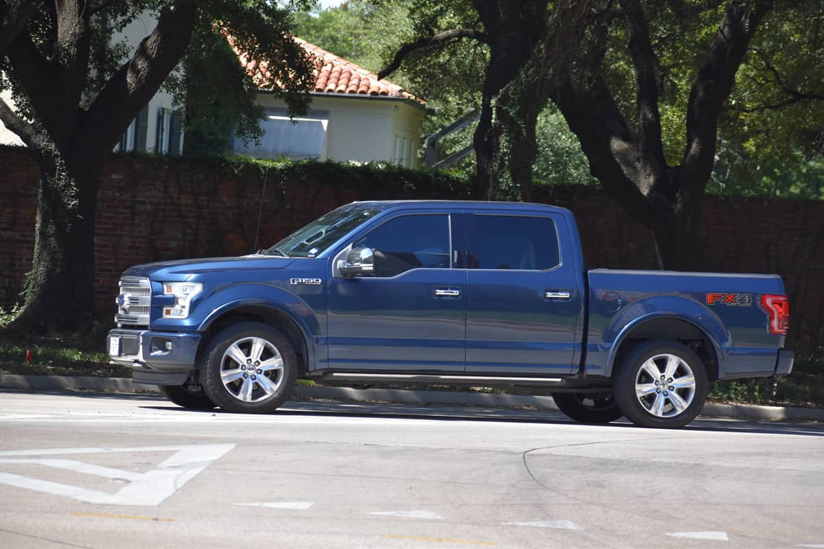 Blue Ford F150 parked on the side of the street