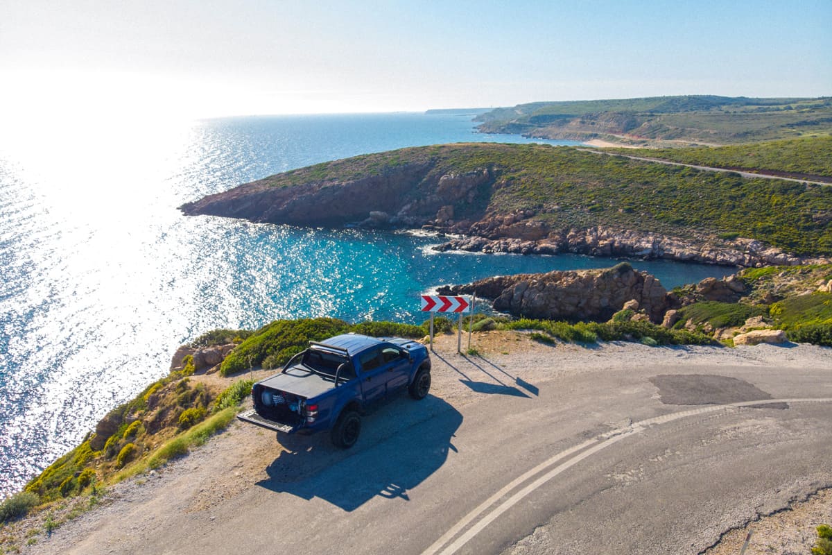 Drone view blue pick up on the road in turkey.
