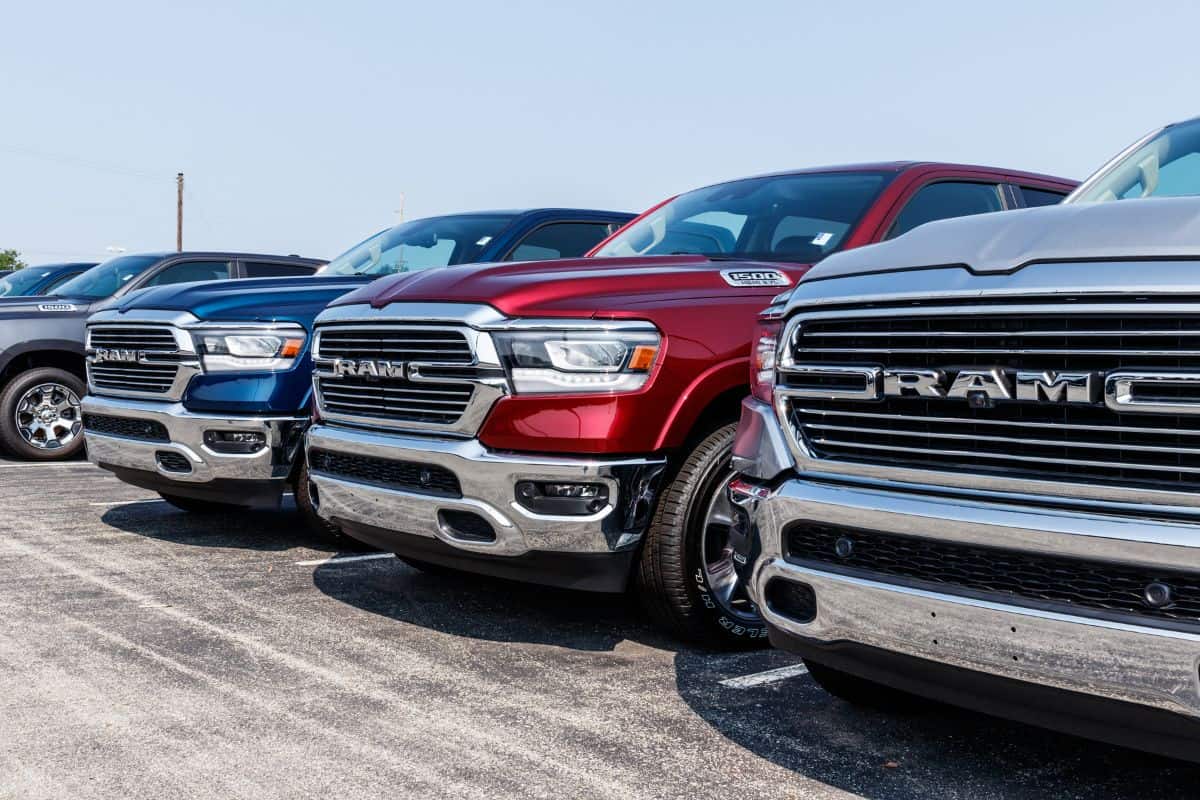 Ram 1500 Pickup Trucks at a Dodge dealership. The Stellantis subsidiaries of FCA are Chrysler, Dodge, Jeep, and Ram.